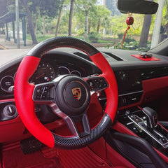 5D Carbon Fiber &Red Leather Steering Wheel Wrap Cover Fit For Porsche Cayenne