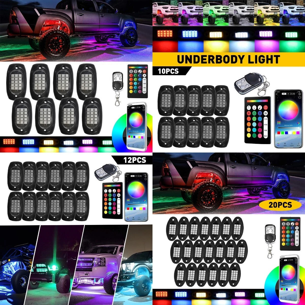 APP Control 10 Pods RGB LED Rock Light Bluetooth Kit Underbody Glow Neon Lights 6B93BC-57