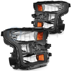 Pair Kit Halogen Headlights Assembly For 2015-2017 Ford F-150 F150 Black Amber 6B93BC-57