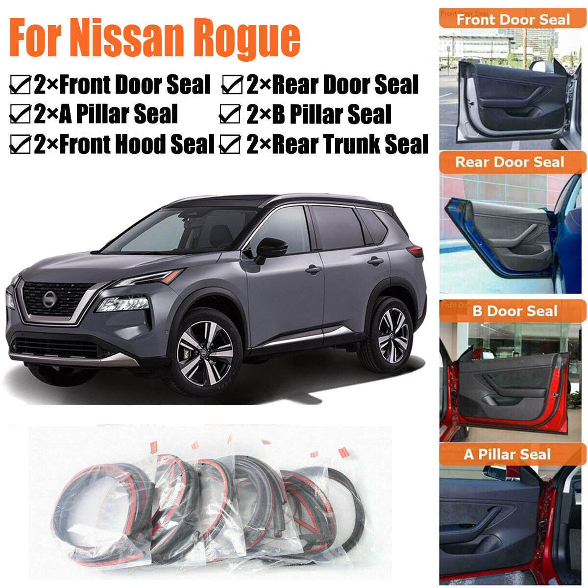 Door Rubber Seal Strips Weather Draft Wind Noise Reduction Kit For Nissan Rogue