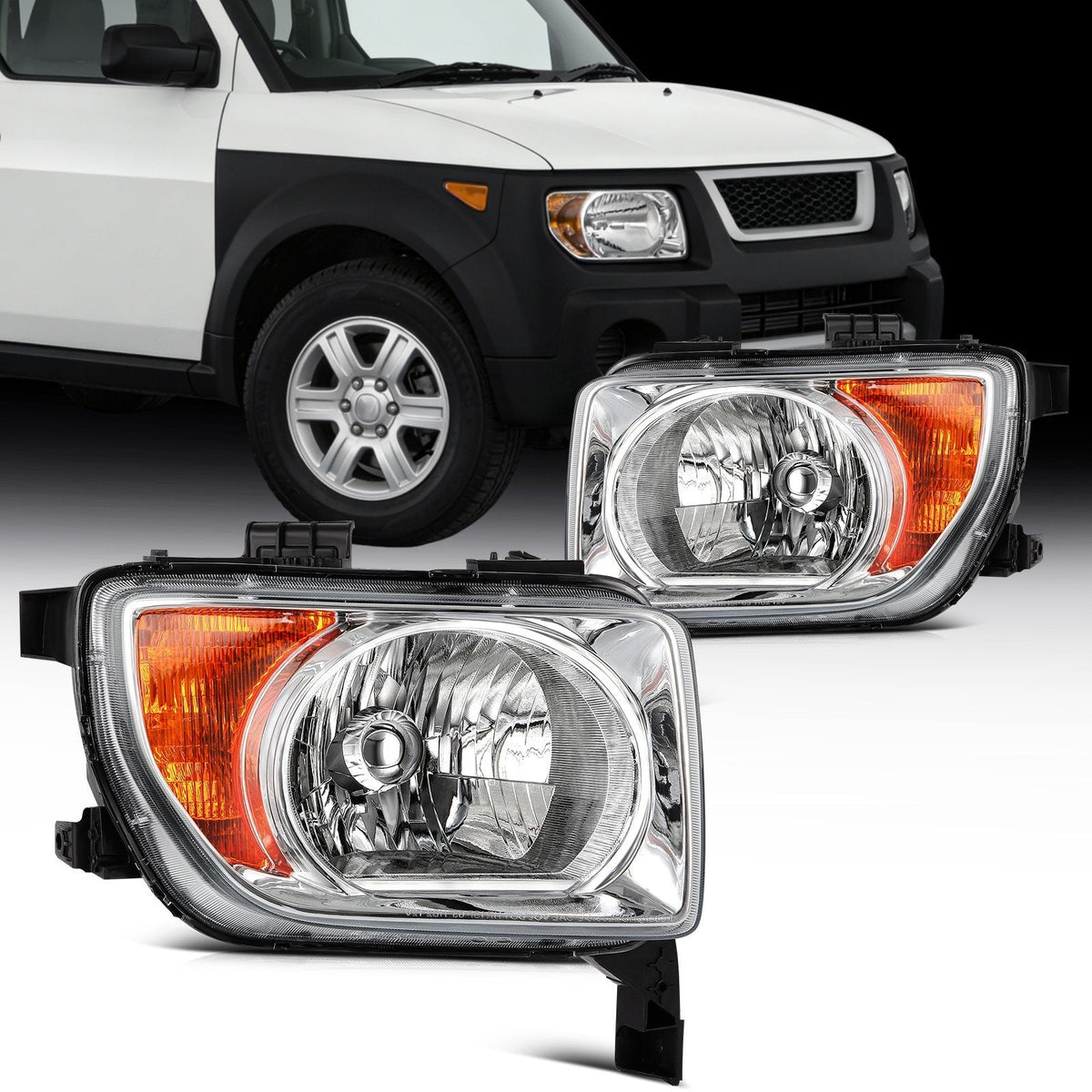 ECCPP Headlights Assembly For Honda Element 2.4L 2003-2008 Pair Kit Chrome Amber 6B93BC-57