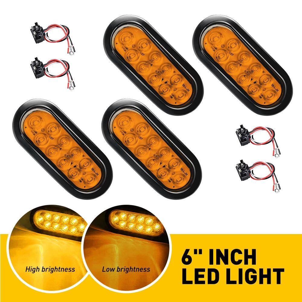 (4) 6" AMBER Oval Trailer Truck Lights LED Sealed Stop Turn Tail Waterproof US 6B93BC-57