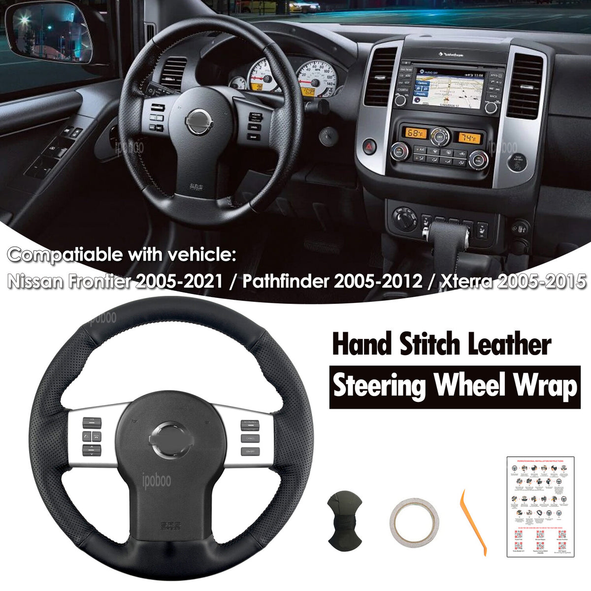 Steering Wheel Wrap For Nissan Frontier 2005-2021 Black Perforated Leather Cover