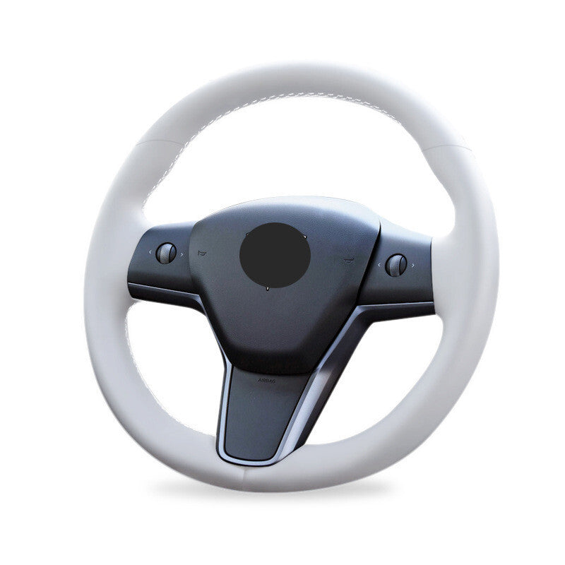 All White Leather Steering Wheel White Stitch Wrap Cover For Tesla Model 3 Y