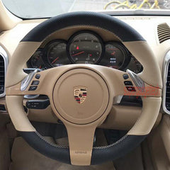 Black&Beige Leather Steering Wheel Hand-stitch on Cover For Porsche Panamera