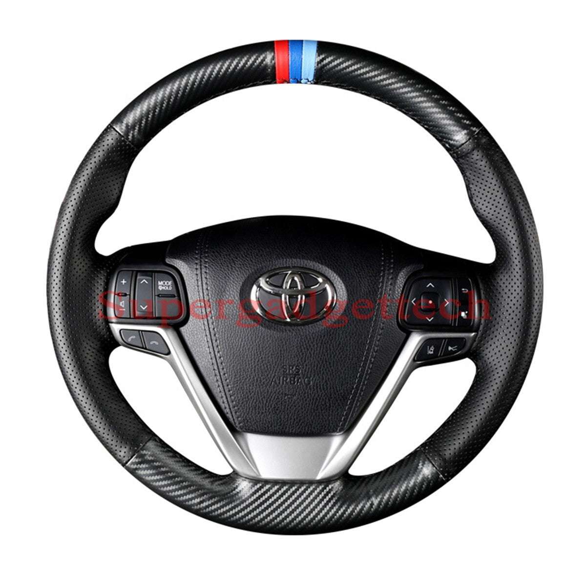 Carbon Fiber&Leather Steering Wheel Hand Sewing Wrap Cover For Toyota Highlander
