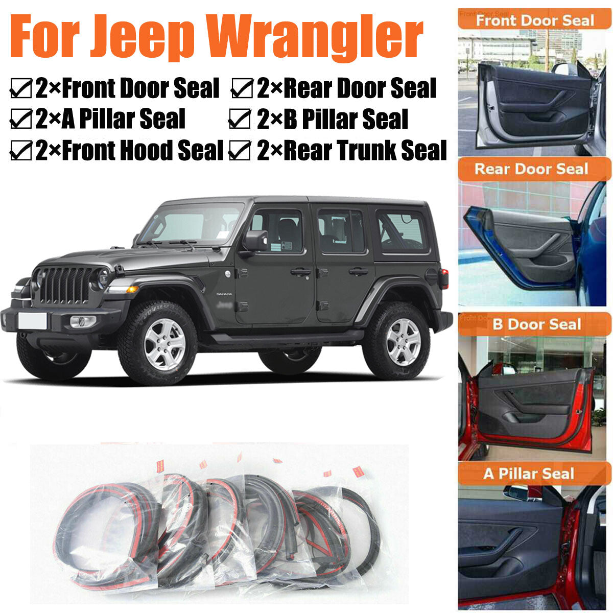 Door Rubber Seal Strips Weather Draft Wind Noise Reduction Kit For Jeep Wrangler