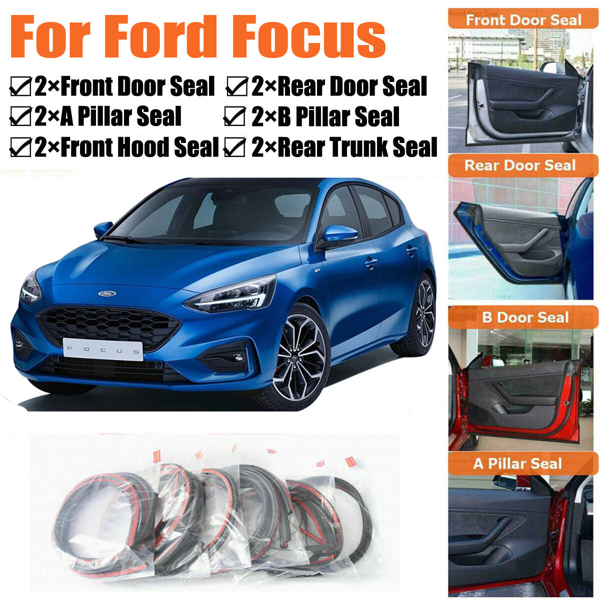 Door Rubber Seal Strips Weather Draft Wind Noise Reduction Kit For Ford Focus