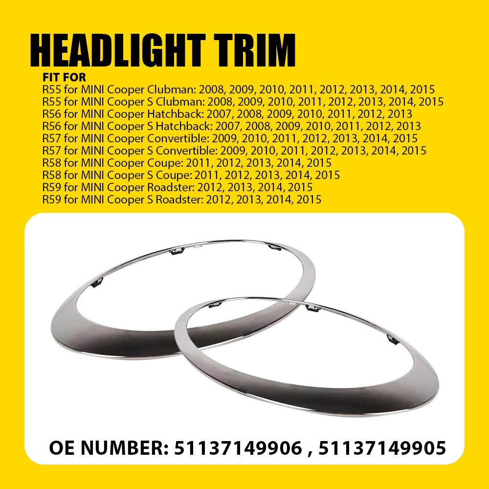 For Mini Cooper R55 R56 2007-2015 R&L Chrome Headlight Trim Ring Bezel Cover EA 6B93BC-57