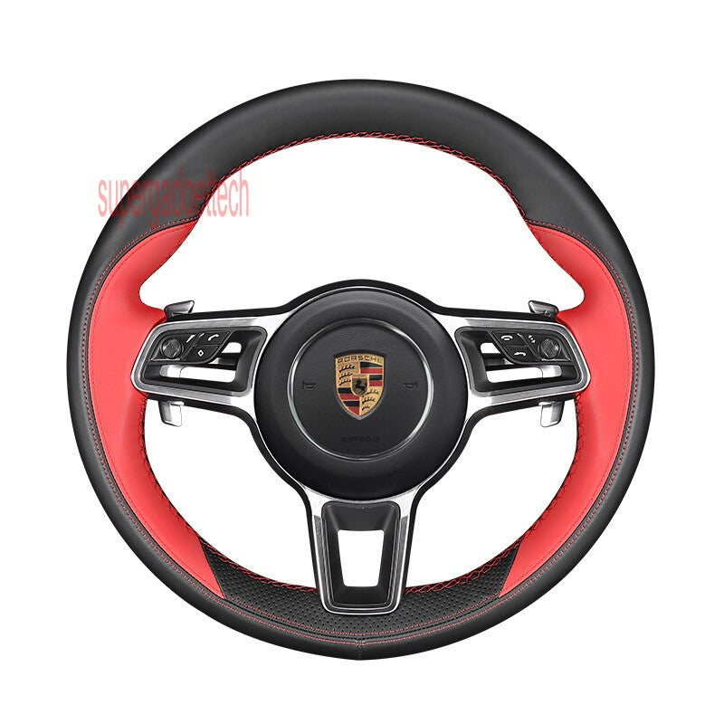 Black&Red Leather Steering Wheel Red Stitch Wrap Cover Fit For Porsche Cayenne