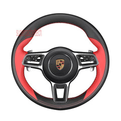 Black&Red Leather Steering Wheel Red Stitch Wrap Cover Fit For Porsche Cayenne