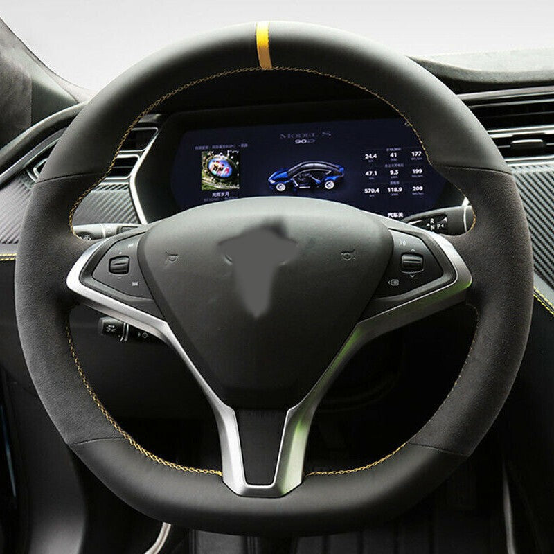 Black&Suede Leather Steering Wheel Hand Sewing Wrap Cover For Tesla Model S/X