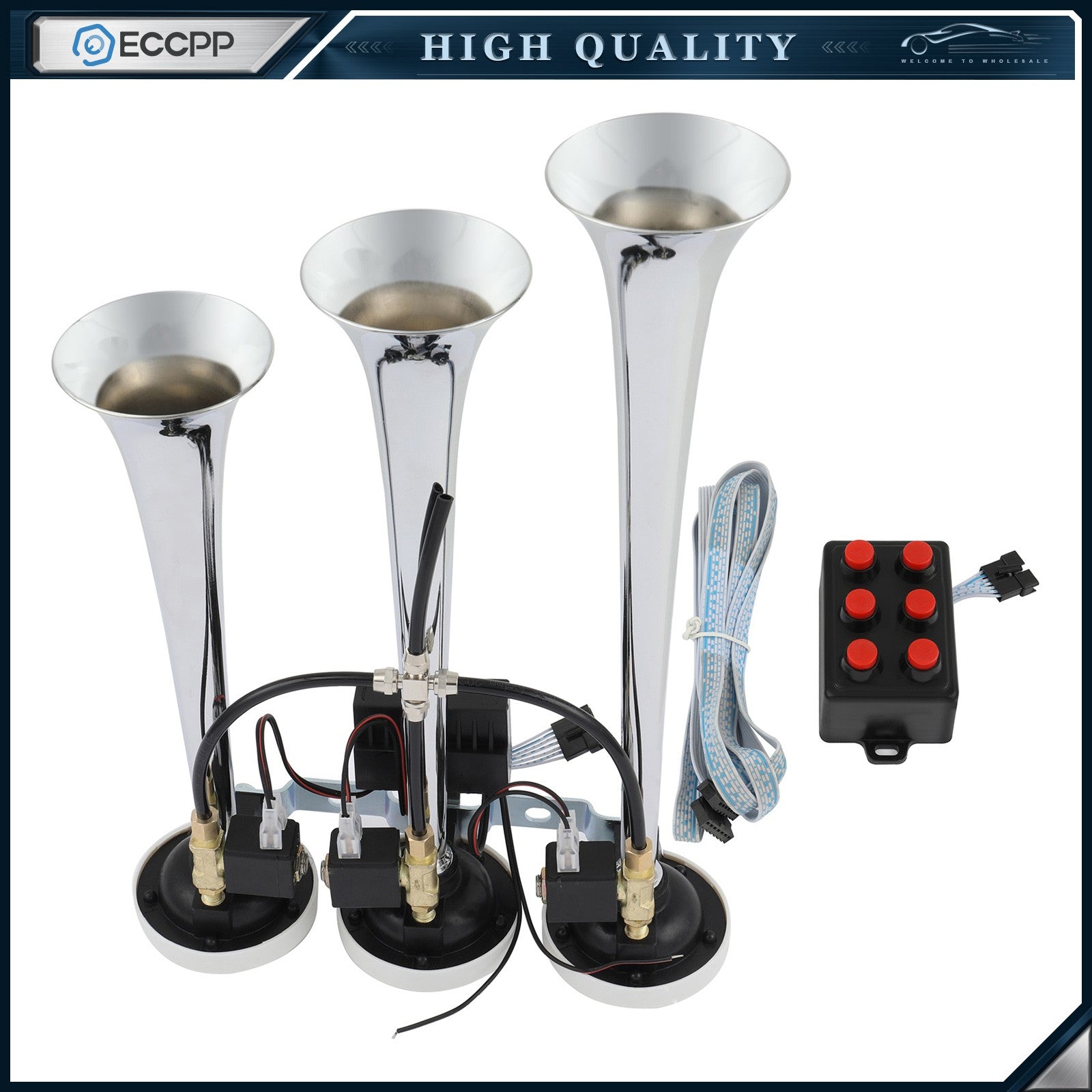 Chrome Plated Musical Loudest 3 Trumpet Train Air Horn 6 Tune With Wired Remote 6B93BC-57