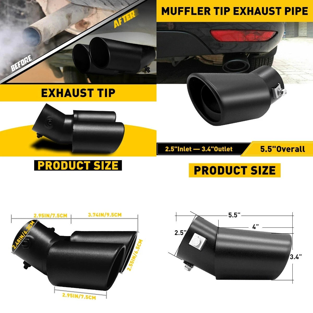 Single/Dual Exhaust Pipe Tip Rear Tail Throat Muffler Steel Stainless Bend Black 6B93BC-57