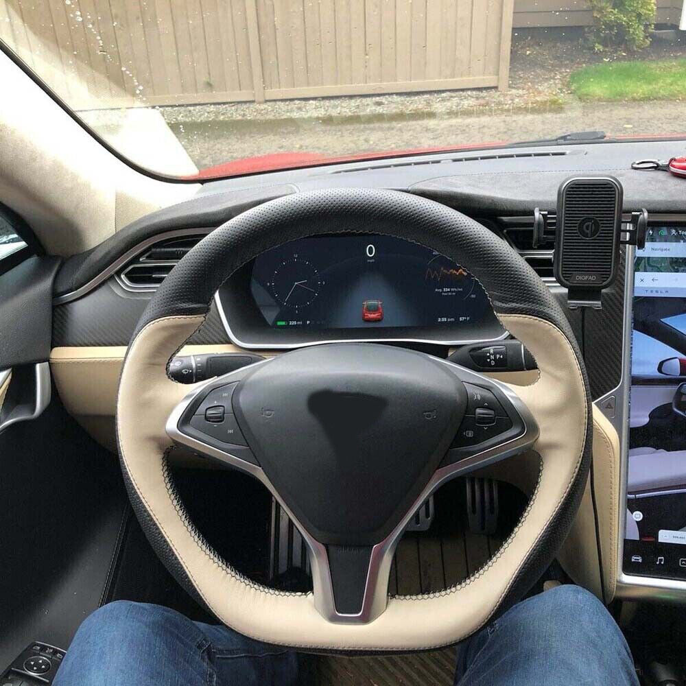 Beige&Black Perforated Leather Steering Wheel Hand Sewing Wrap For Tesla Model S