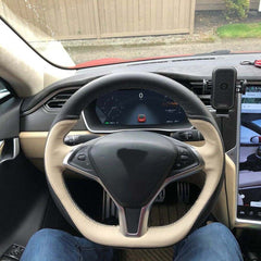 Beige&Black Perforated Leather Steering Wheel Hand Sewing Wrap For Tesla Model S