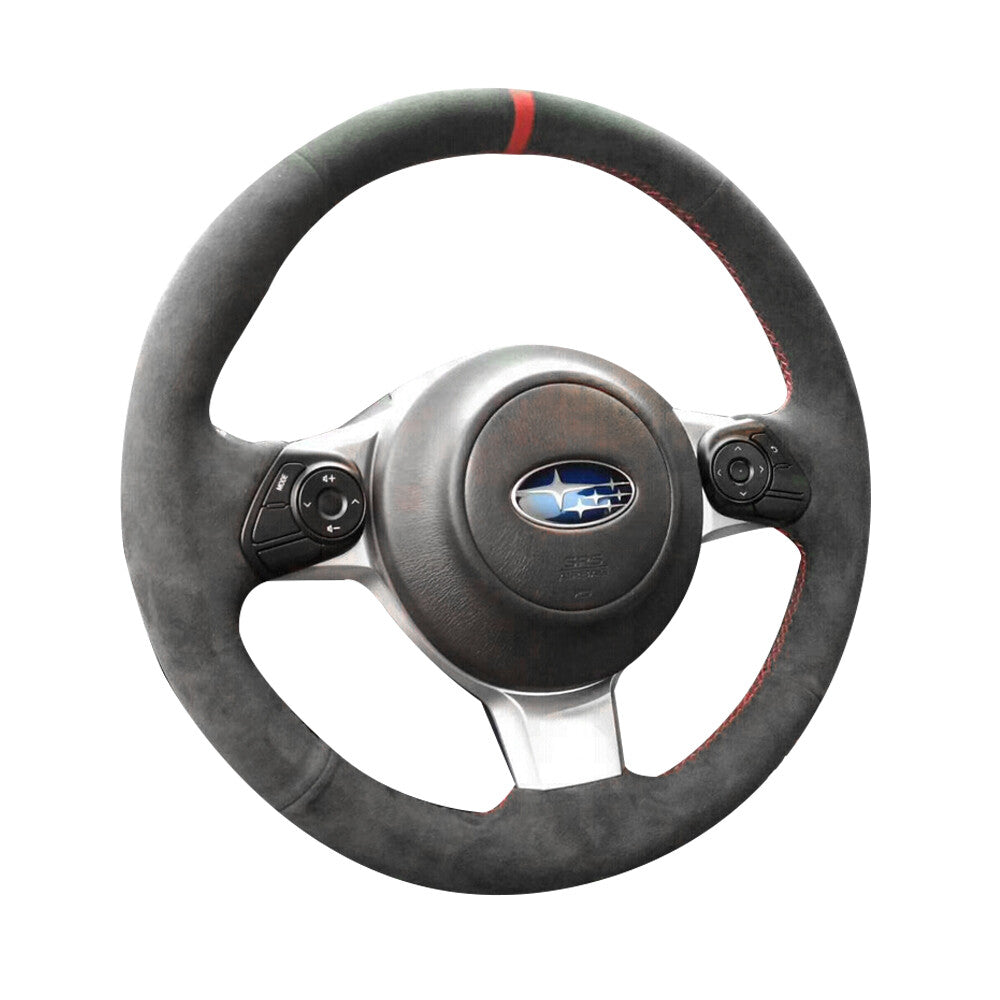 Black Suede Leather Steering Wheel Red Marker&Stitch Wrap Cover For Subaru BRZ