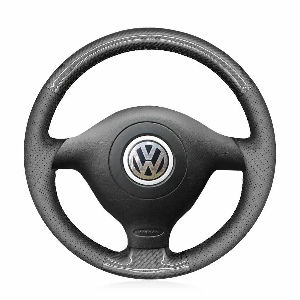 5D Carbon Fiber& Leather Steering Wheel Hand-stitch on Wrap Cover For VW Golf 4