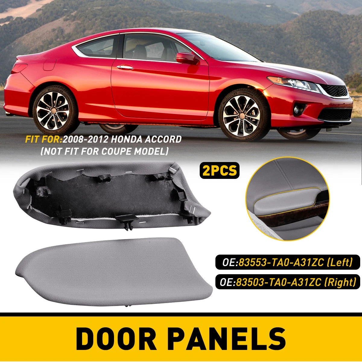 For Accord 2008-2012 Honda Front Gray Leather Pair 4 Door Panels Armrest Cover 6B93BC-57