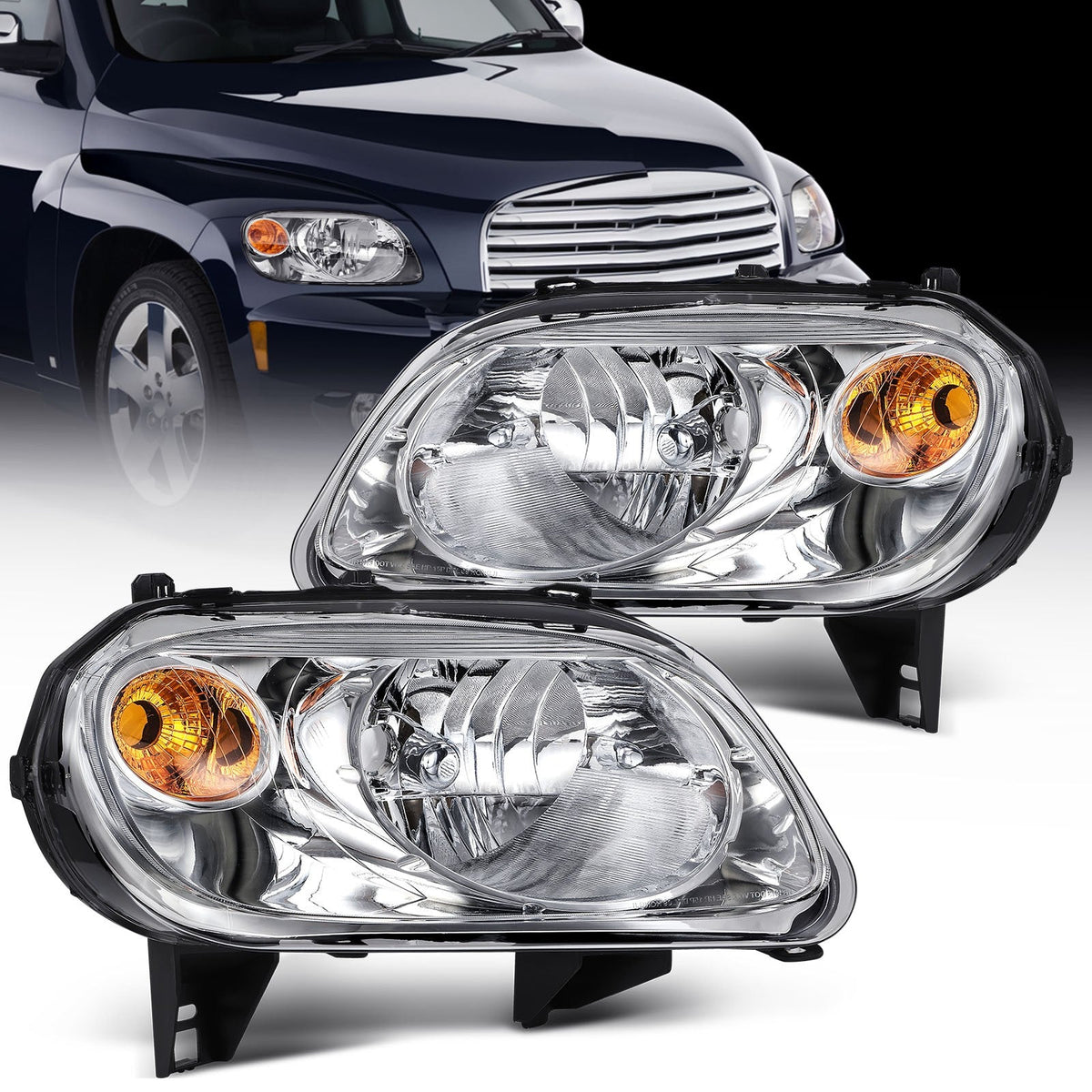 Pair Kit Halogen Headlights Assembly For 2006-2011 Chevrolet HHR Chrome Amber 6B93BC-57
