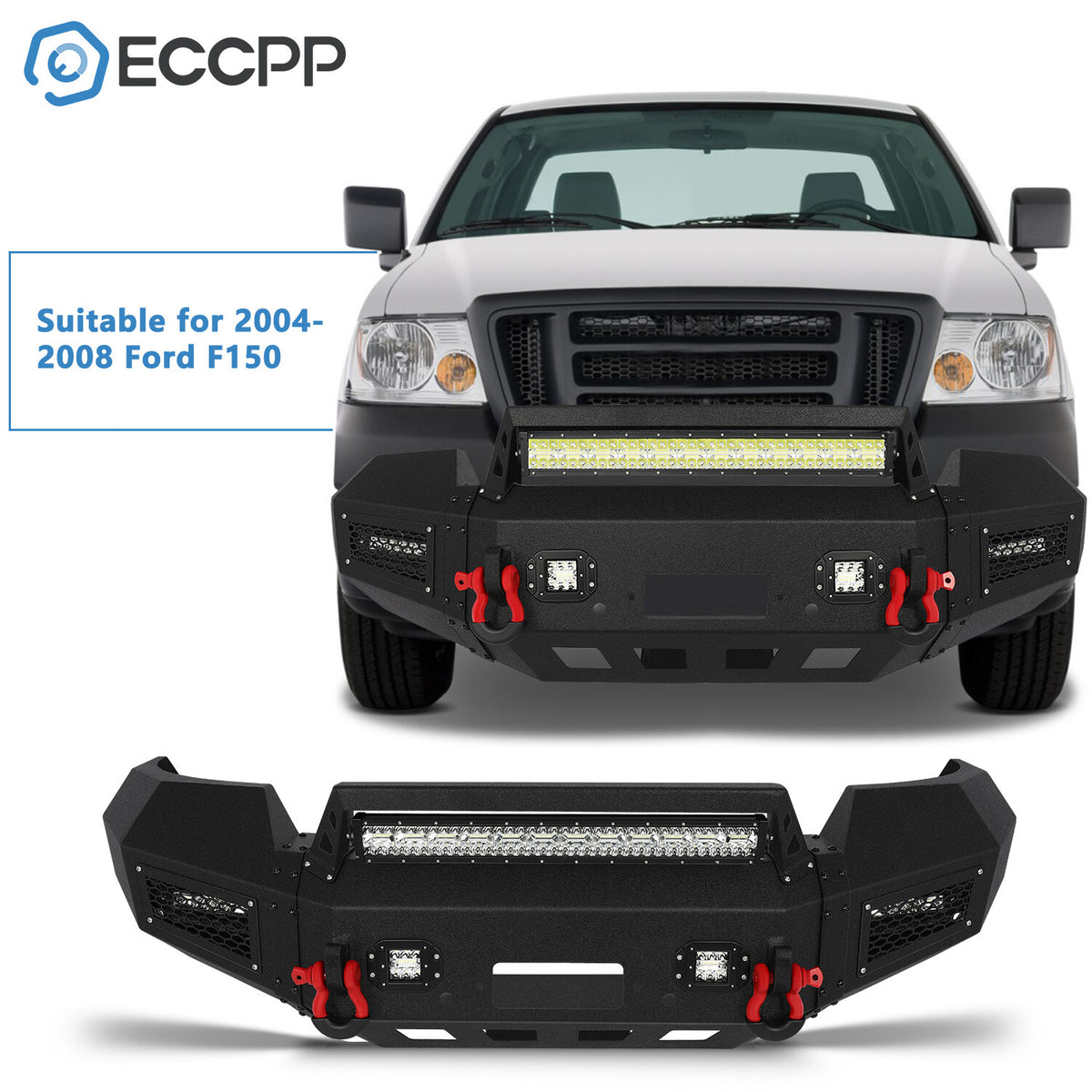 Steel Complete Front Bumper Winch w/ Light Bar D-ring For 2004-2008 Ford F-150