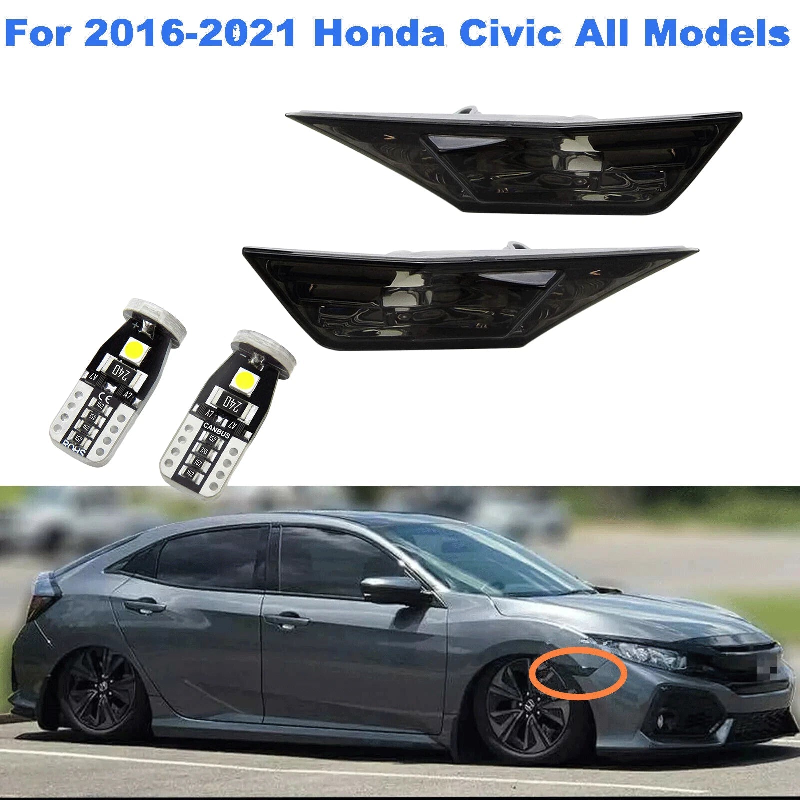 For 2016- Honda Civic 10th Gen Switchback LED Side Marker Turn Signal Lamp Smoke 6B93BC-57