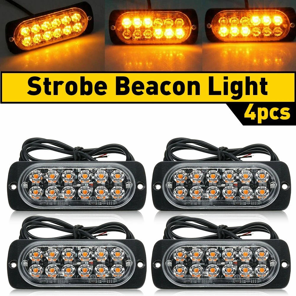 4PCS 12LED Amber Truck Flashing Car Beacon Warning Hazard Strobe Flash Light Bar 6B93BC-57