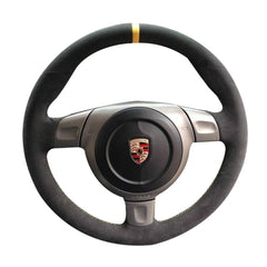 Black Suede Yellow Marker Steering Sew-on Wheel Wrap Cover For Porsche 997 2006