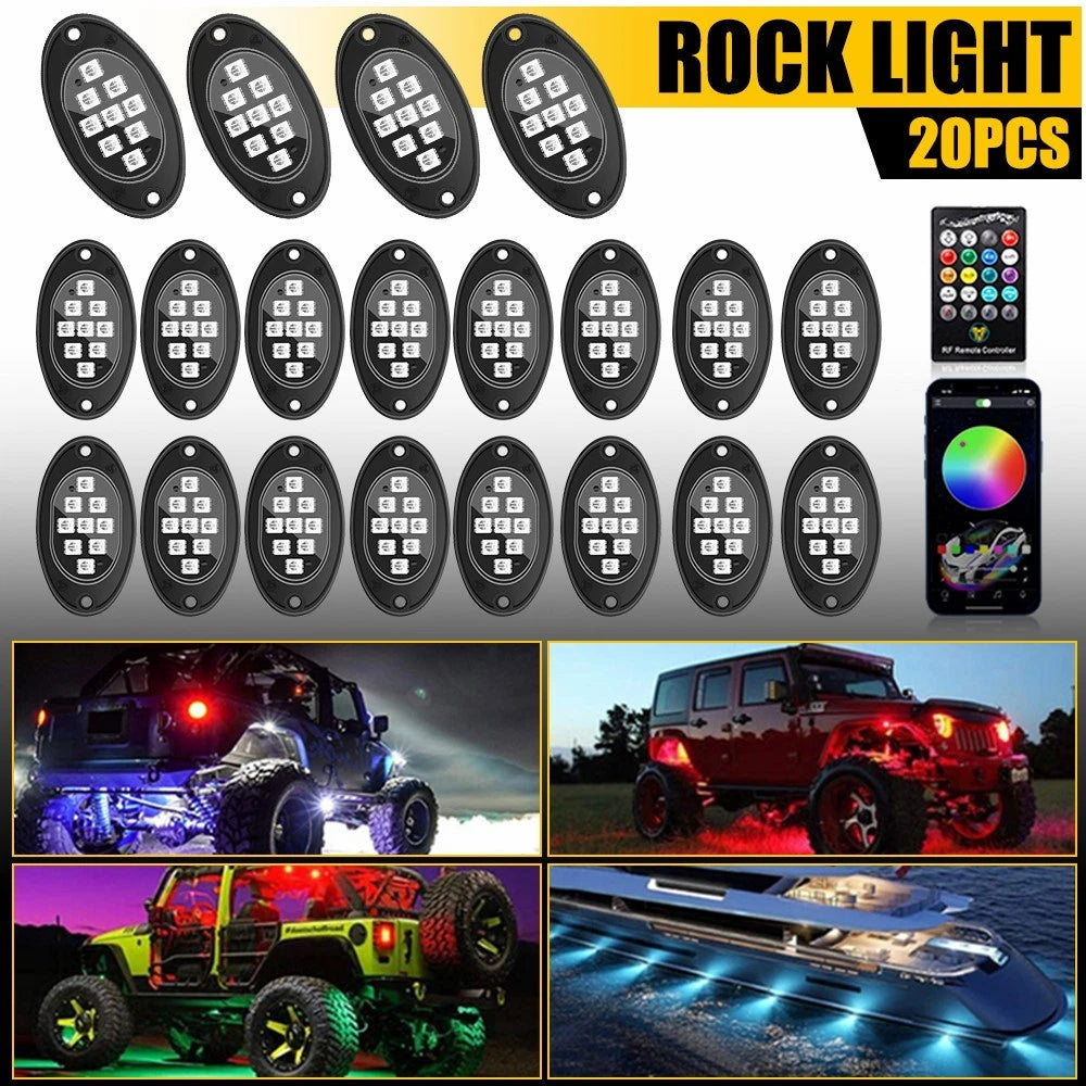 20X RGB LED Rock Lights Kit Underbody Neon Light Bluetooth App Remote Control A 6B93BC-57