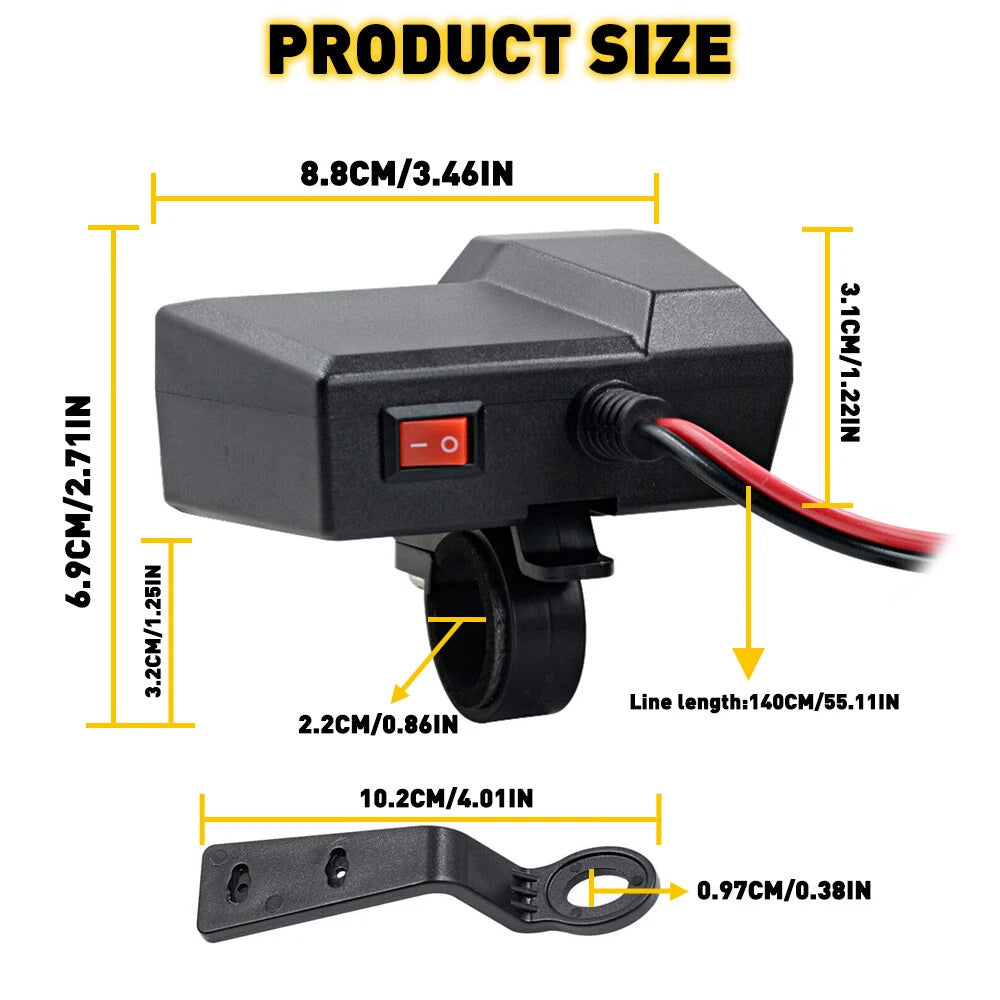 Motorcycle Handlebar Cigarette Lighter Socket Dual USB Charger W/ LED Voltmeter 6B93BC-57