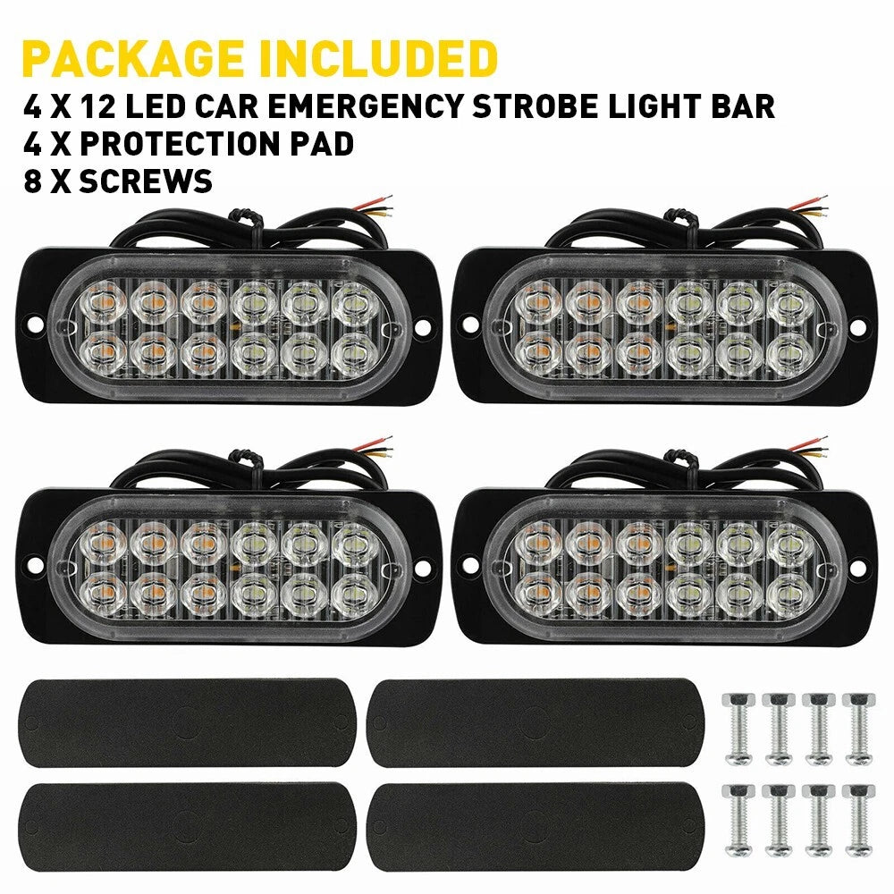 4X 12 LED Car Truck Beacon Warning Flash Strobe Light Bar Amber/White EOA 6B93BC-57