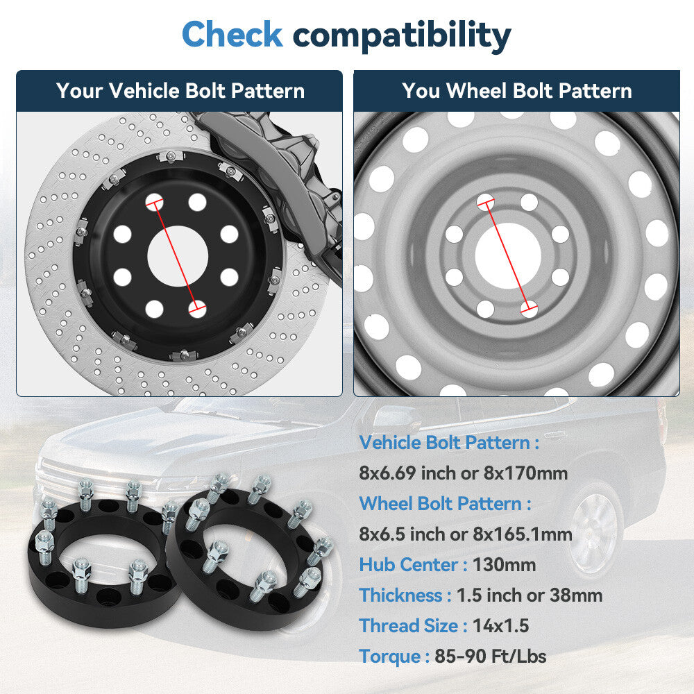 2 Pcs 1.5" 8x170 to 8x6.5 Wheel Adapters 14x1.5 For Ford F-250 8x170 to 8x165.1 6B93BC-57