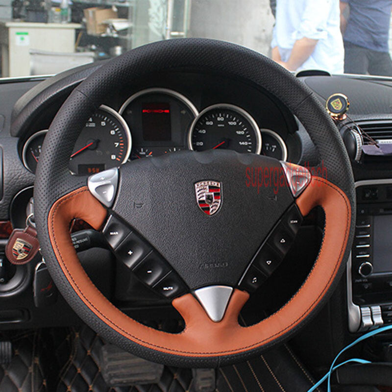 Black&Brown Leather Steering Wheel Hand-stitch on Cover For Porsche Cayenne 07+