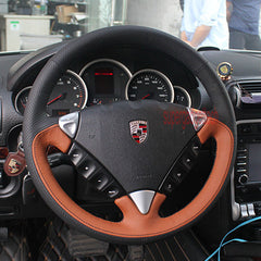 Black&Brown Leather Steering Wheel Hand-stitch on Cover For Porsche Cayenne 07+