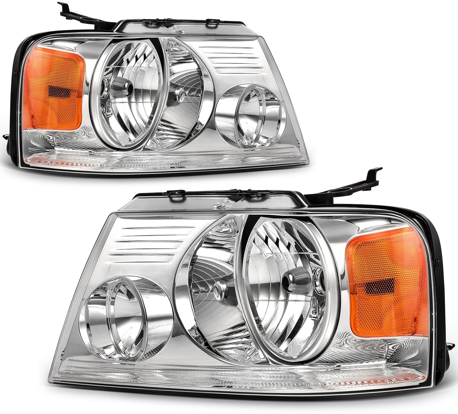 Pair Kit Halogon Headlights Assembly For 2004-2008 Ford F-150 Chrome Amber 6B93BC-57