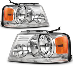 Pair Kit Halogon Headlights Assembly For 2004-2008 Ford F-150 Chrome Amber 6B93BC-57