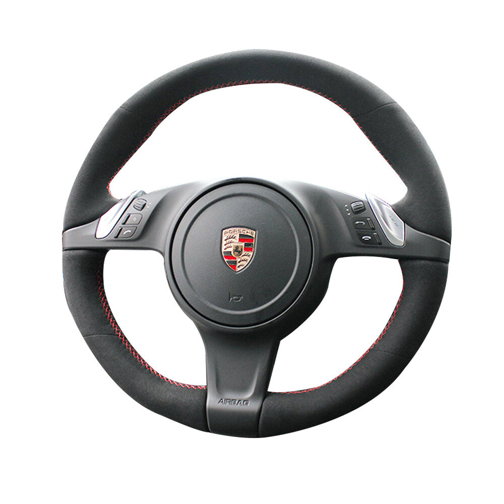 Black Suede Leather Steering Wheel Red Stitch Wrap Cover For Porsche Panamera
