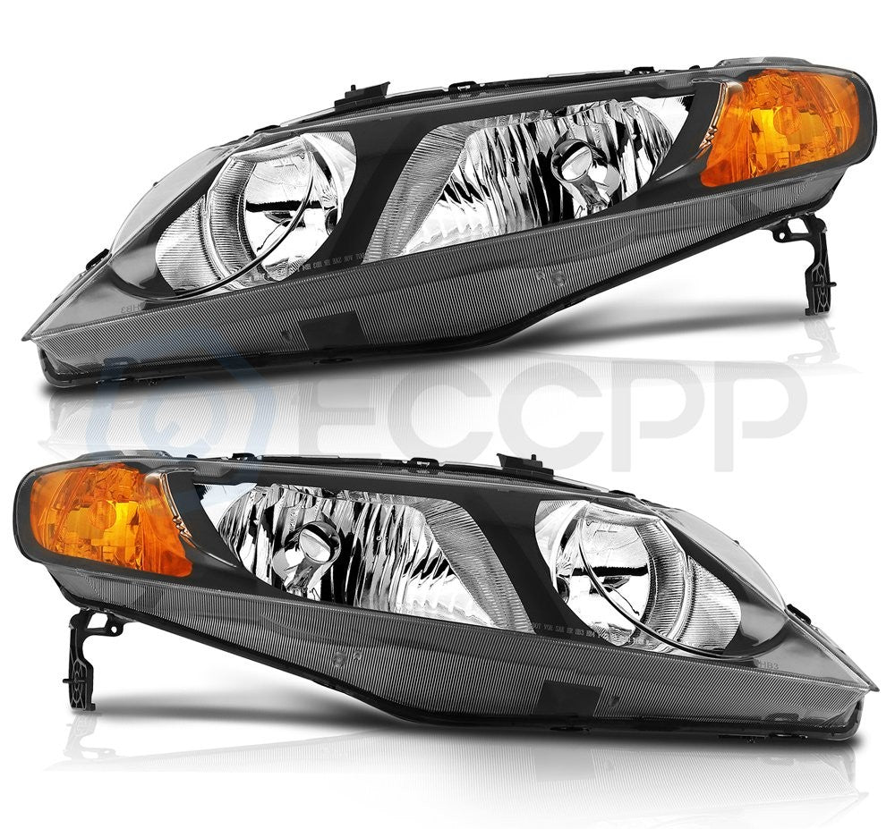 Pair Headlights Assembly For 2006-2011 Honda Civic 1.3L 1.8L 2.0L Black Amber 6B93BC-57