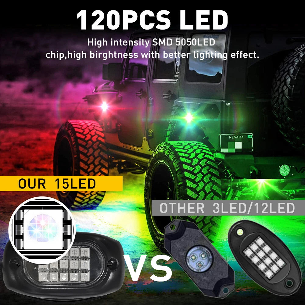 8x RGB LED Rock Light Kit For Off-Road Underglow Foot Wheel Well Light Truck ATV 6B93BC-57