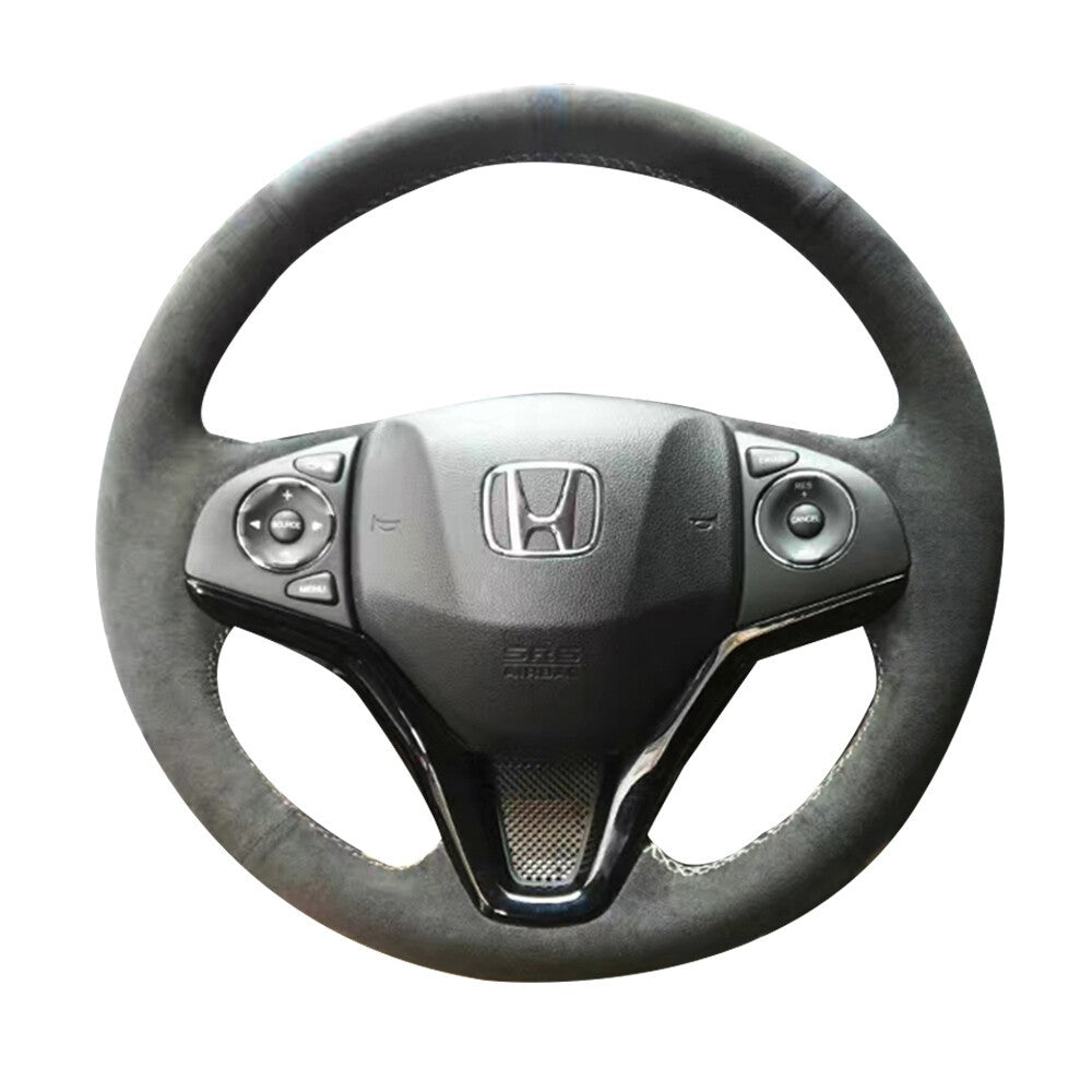 Black Suede Leather Steering Wheel White Stitch Wrap Cover For Honda Fit 14-2019