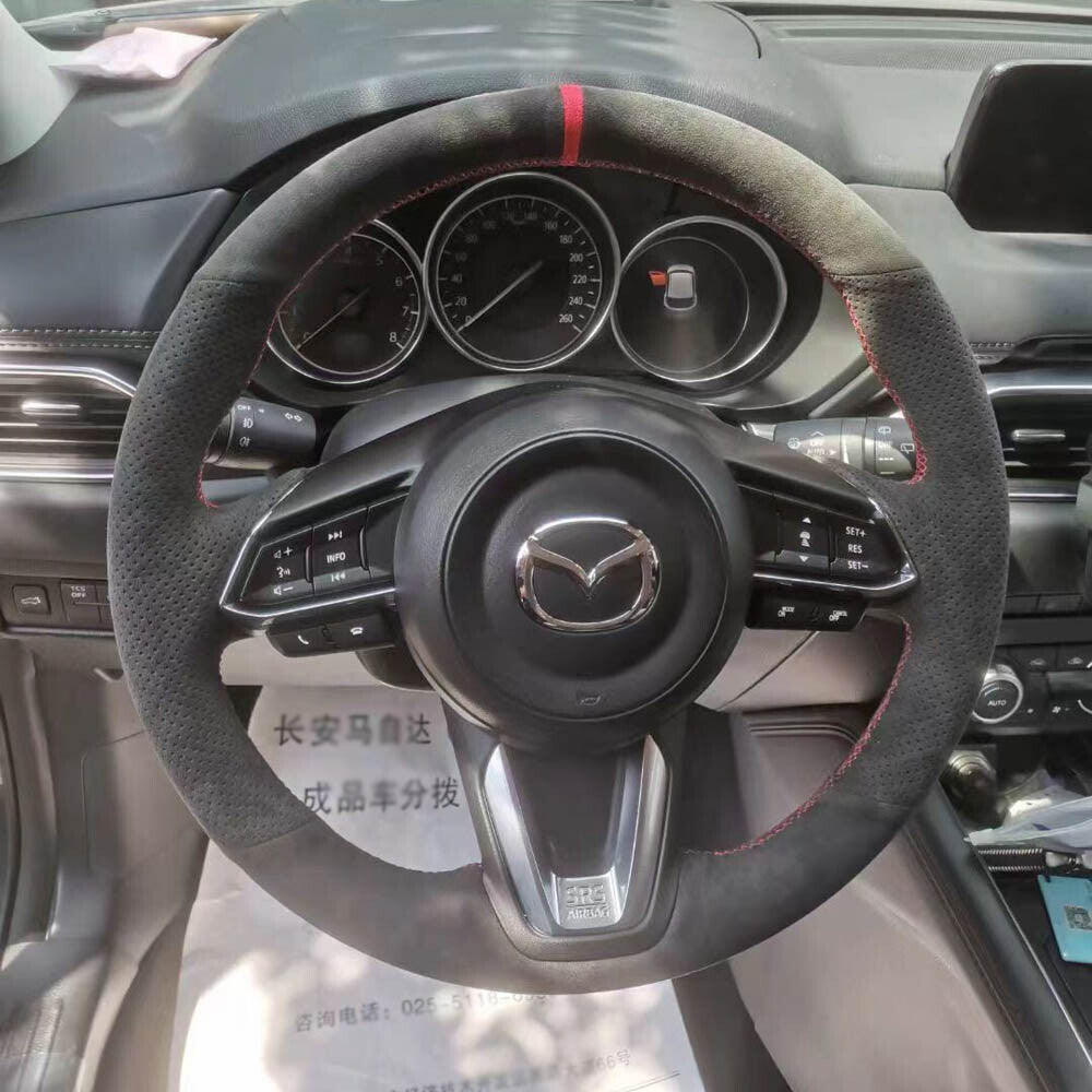 Black Suede Leather Steering Wheel Hand Sewing Wrap Cover For Mazda CX-5 2017-19