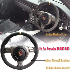 Black Suede Yellow Marker Steering Sew-on Wheel Wrap Cover For Porsche 997 2006