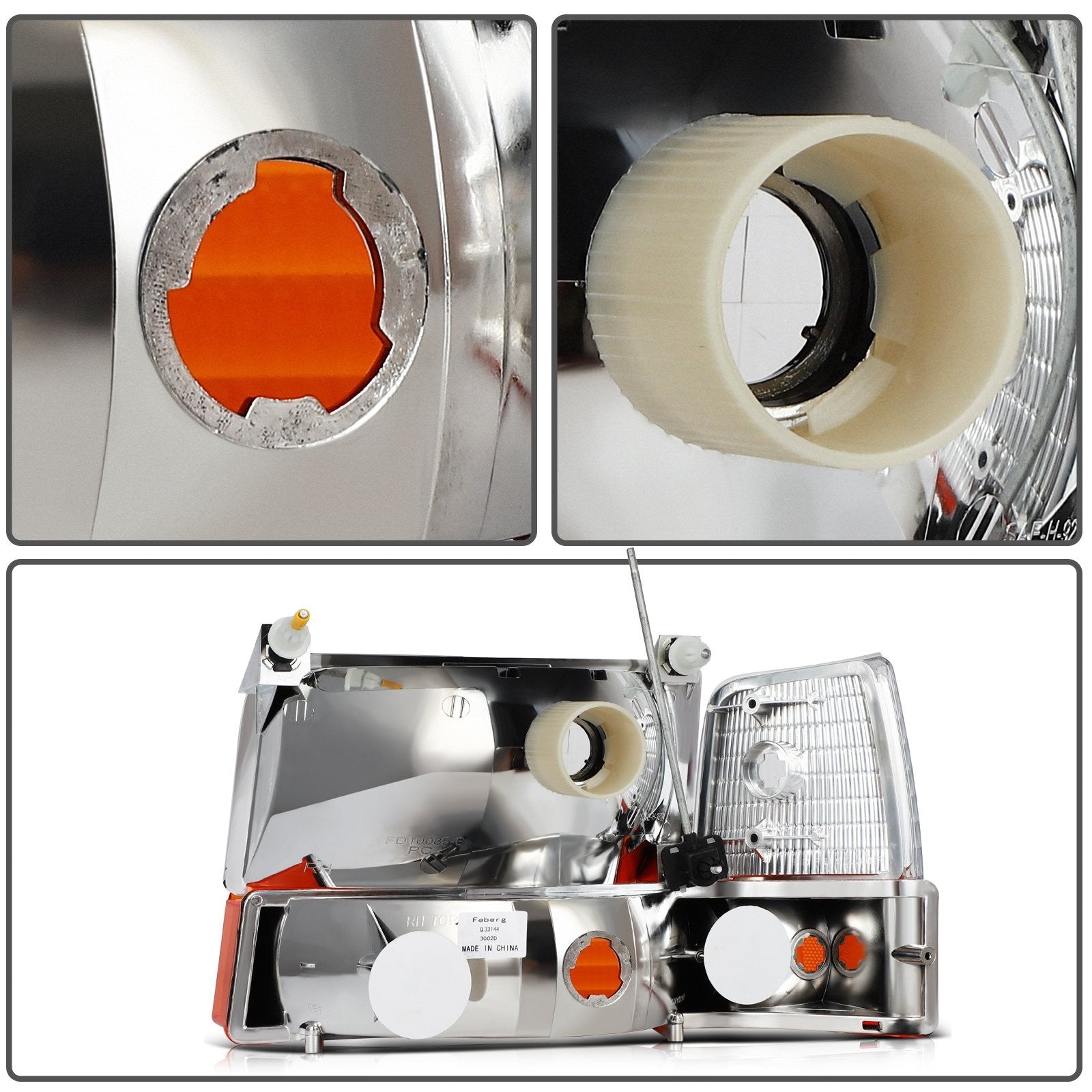 Pair Kit Headlights For 1992-1997 Ford Bronco F-150 F-250 F-350 Chrome Amber 6B93BC-57
