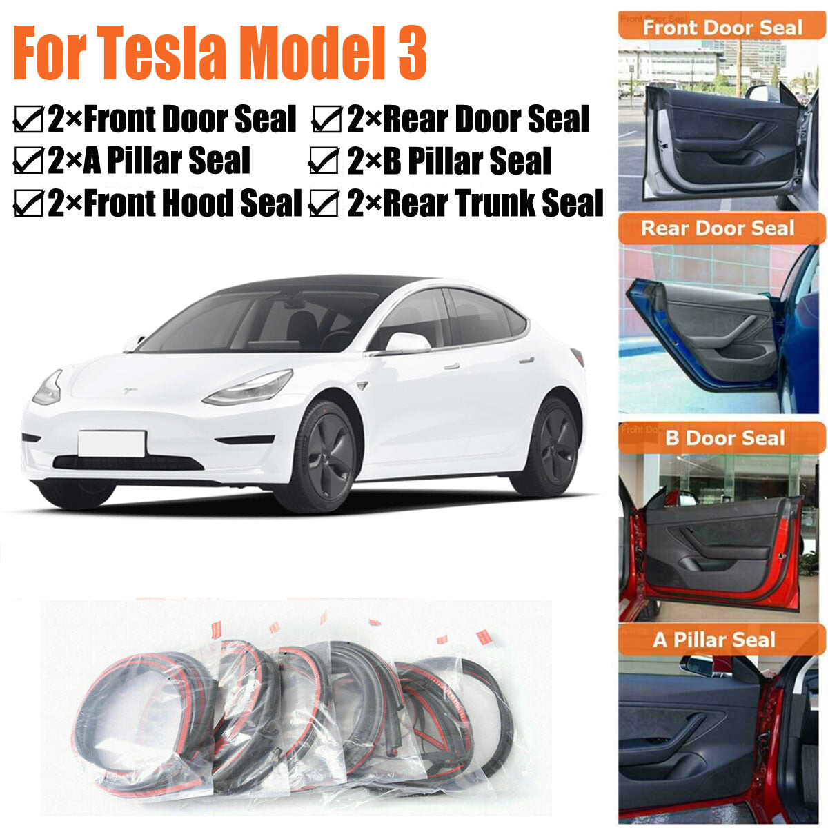 Door Rubber Seal Strips Weather Draft Wind Noise Reduction Kit For Tesla Model 3