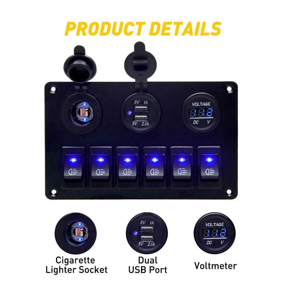 LED 6 Gang On/Off Rocker Switch Panel Car Truck Boat Marine Inline Fuse Box EOA 6B93BC-57