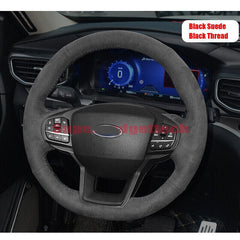 Black Suede Leather Steering Wheel Hand Sewing Wrap Cover For Ford Explorer XLT
