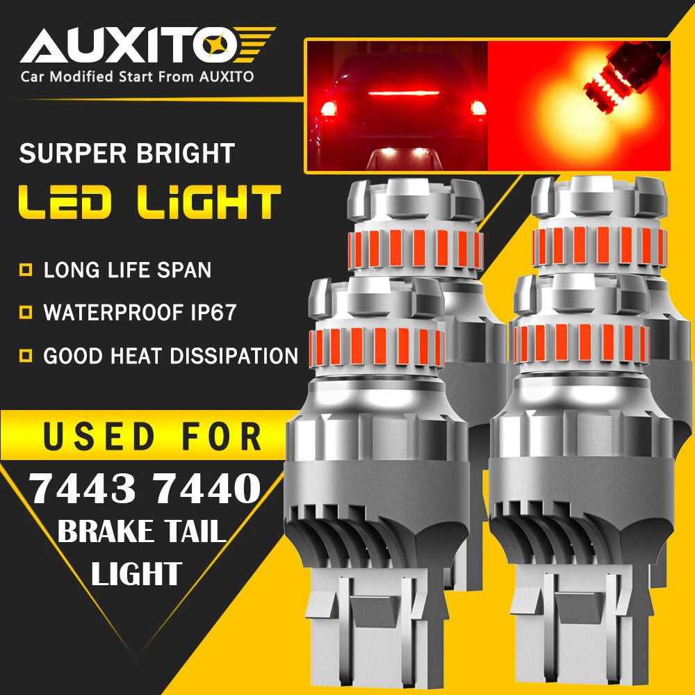 4X AUXITO 7443 7440 Flash Strobe Blinking Red Brake Tail Stop Light LED Bulbs EA AUXITO