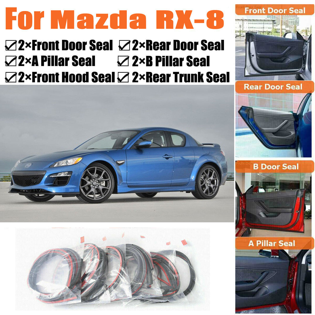 Door Rubber Seal Strips Weather Draft Wind Noise Reduction Kit For Mazda RX-8