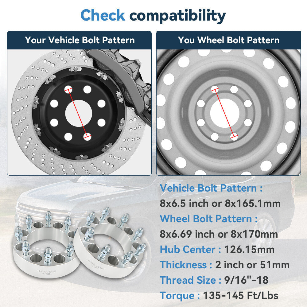 2 Pcs 2" 8x6.5/ 8x165.1 to 8x170 Wheel Adapters 9/16"x18 For Dodge Ram 2500 3500 6B93BC-57