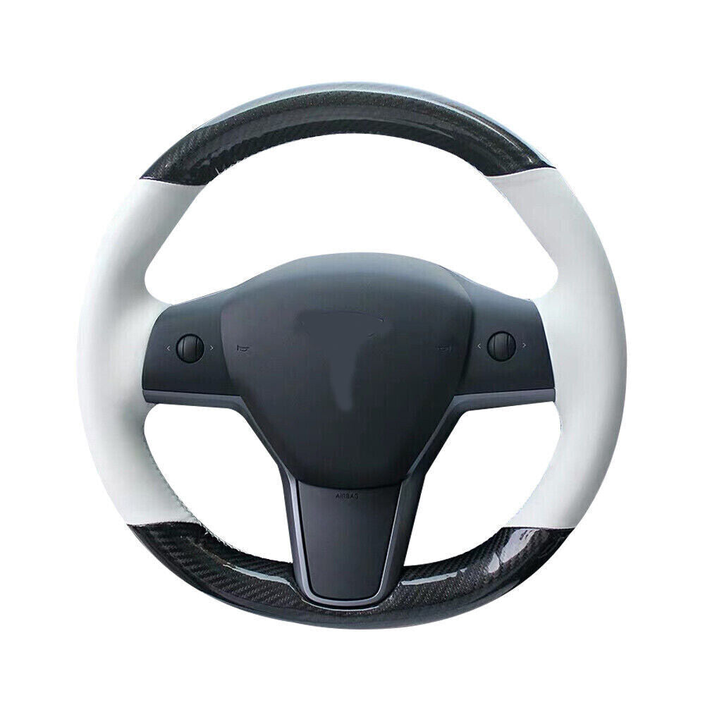Carbon Fiber&White Leather Steering Wheel Hand Sewing Wrap For Tesla model 3 Y